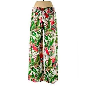 West Loop Women's Wide Leg Floral Pants Green Pink Medium Vacation Beach Travel